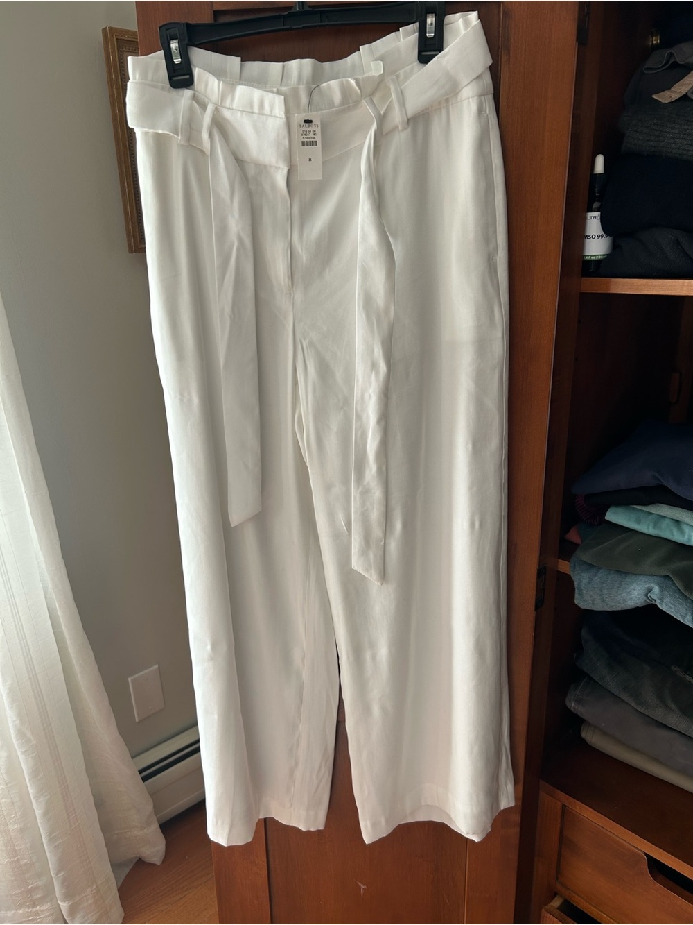 Talbots White Wide-Leg Belted Trousers